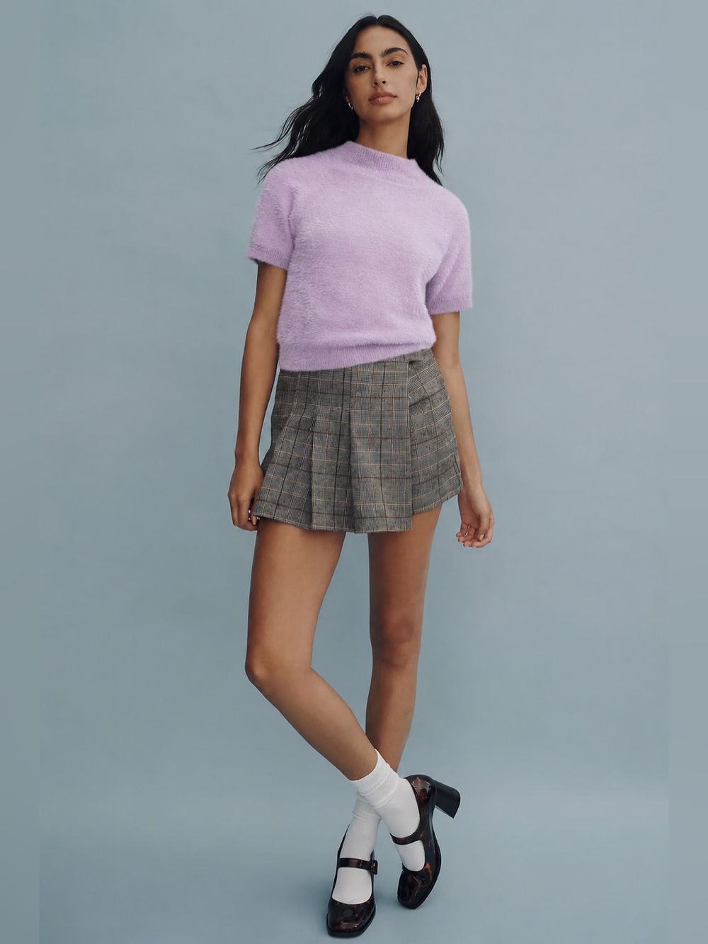 Pilcro Anthropologie Mock-Neck Eyelash Fuzzy Sweater Baby Tee in Lilac